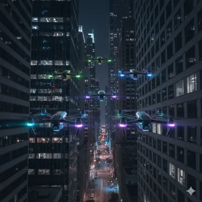Formación tecnológica de drones CDMX con luces de colores navegando entre los grandes edificios de la capital.