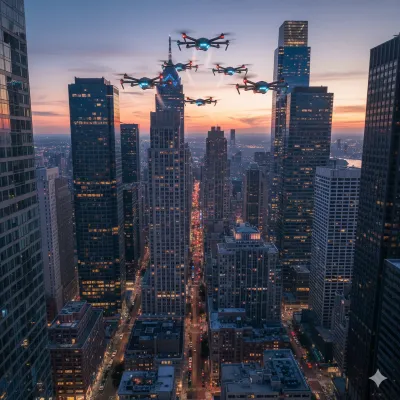 Vuelo coordinado de seis drones Monterrey sobre los rascacielos del centro mientras el sol se oculta tras las montañas.