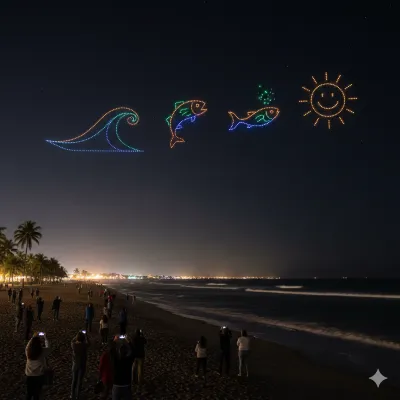 Cientos de drones Cancún iluminan el cielo nocturno con formas de peces y olas durante un evento masivo en la playa.