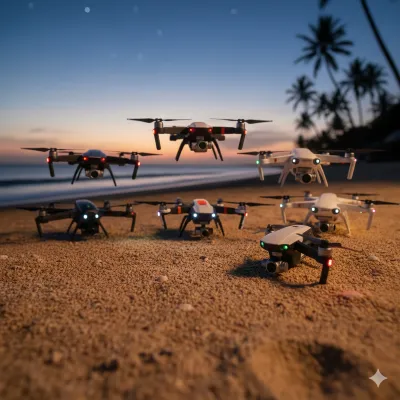 Diversos modelos de drones Cancún posicionados en la arena para realizar tomas aéreas cinemáticas en la zona hotelera.
