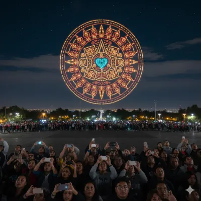 Impresionante figura cultural mexicana creada con drones CDMX iluminados en el cielo nocturno sobre una plaza pública.