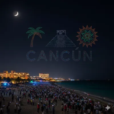 Impresionante coreografía de drones Cancún formando el nombre del destino y símbolos culturales frente a los hoteles.