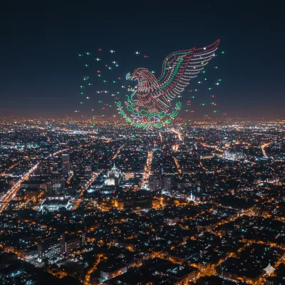 Un show de luces con drones CDMX dibuja el escudo nacional mexicano sobre las luces infinitas de la metrópoli.