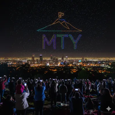 Espectadores capturan con sus celulares el letrero luminoso de MTY formado por cientos de drones Monterrey en la oscuridad.